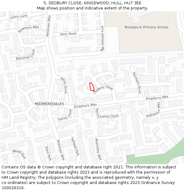 5, SEDBURY CLOSE, KINGSWOOD, HULL, HU7 3EE: Location map and indicative extent of plot