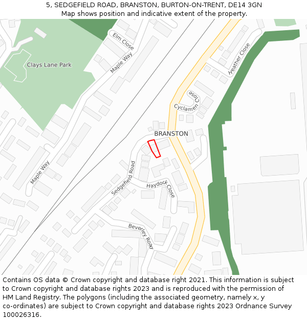 5, SEDGEFIELD ROAD, BRANSTON, BURTON-ON-TRENT, DE14 3GN: Location map and indicative extent of plot