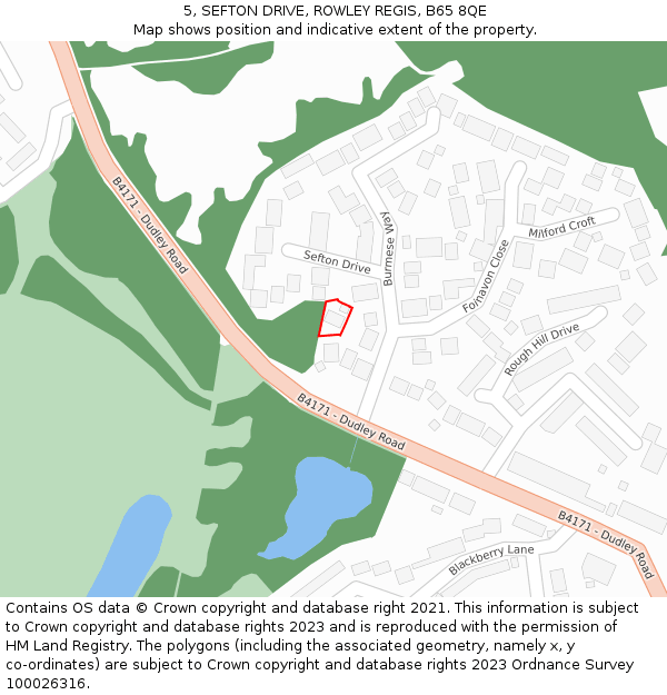 5, SEFTON DRIVE, ROWLEY REGIS, B65 8QE: Location map and indicative extent of plot