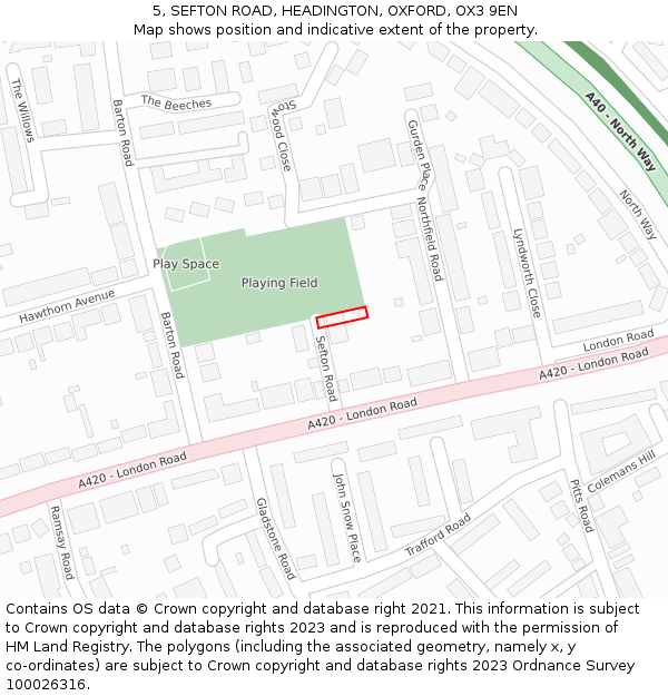 5, SEFTON ROAD, HEADINGTON, OXFORD, OX3 9EN: Location map and indicative extent of plot