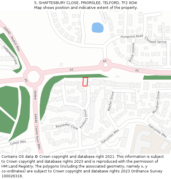 5, SHAFTESBURY CLOSE, PRIORSLEE, TELFORD, TF2 9GW: Location map and indicative extent of plot