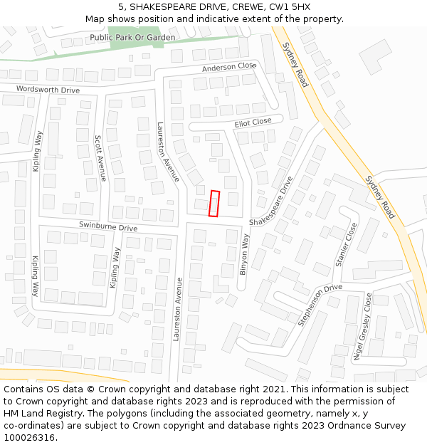 5, SHAKESPEARE DRIVE, CREWE, CW1 5HX: Location map and indicative extent of plot