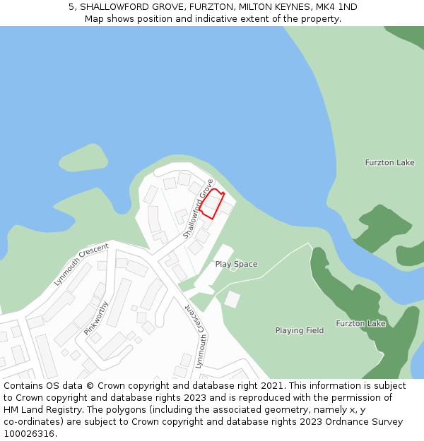 5, SHALLOWFORD GROVE, FURZTON, MILTON KEYNES, MK4 1ND: Location map and indicative extent of plot