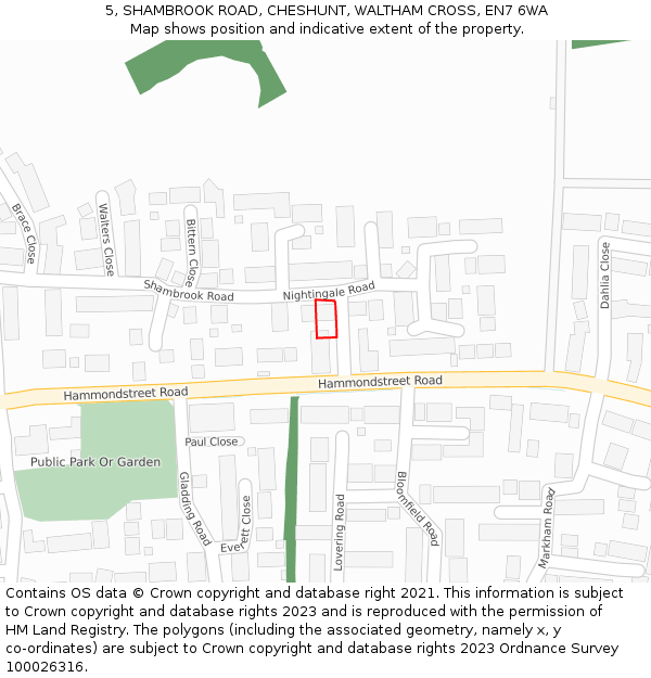 5, SHAMBROOK ROAD, CHESHUNT, WALTHAM CROSS, EN7 6WA: Location map and indicative extent of plot