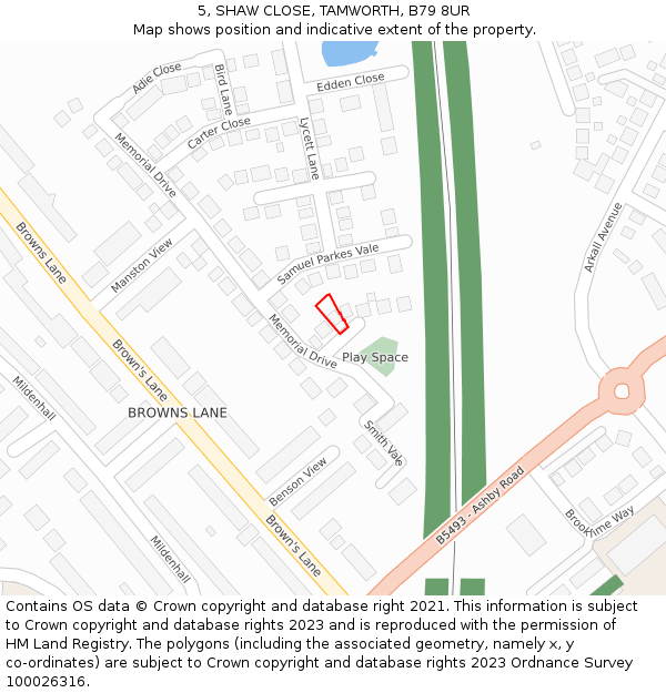 5, SHAW CLOSE, TAMWORTH, B79 8UR: Location map and indicative extent of plot