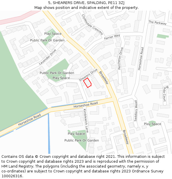 5, SHEARERS DRIVE, SPALDING, PE11 3ZJ: Location map and indicative extent of plot