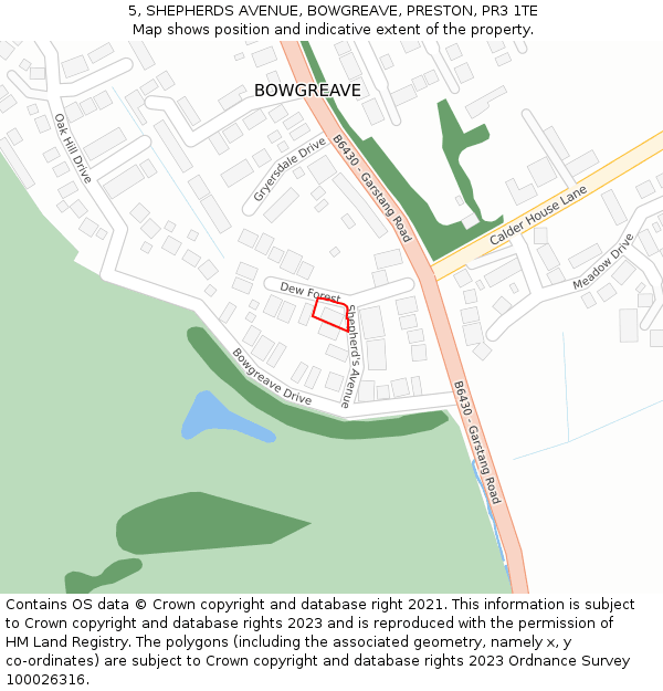 5, SHEPHERDS AVENUE, BOWGREAVE, PRESTON, PR3 1TE: Location map and indicative extent of plot