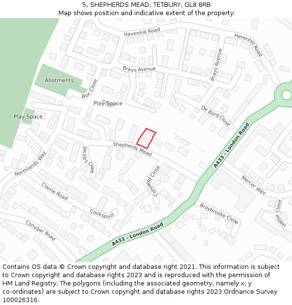 5, SHEPHERDS MEAD, TETBURY, GL8 8RB: Location map and indicative extent of plot