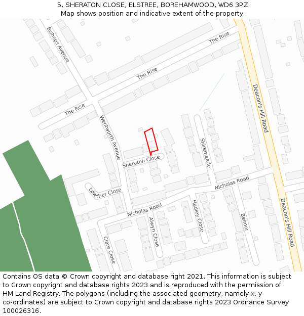 5, SHERATON CLOSE, ELSTREE, BOREHAMWOOD, WD6 3PZ: Location map and indicative extent of plot