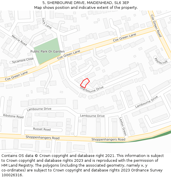 5, SHERBOURNE DRIVE, MAIDENHEAD, SL6 3EP: Location map and indicative extent of plot
