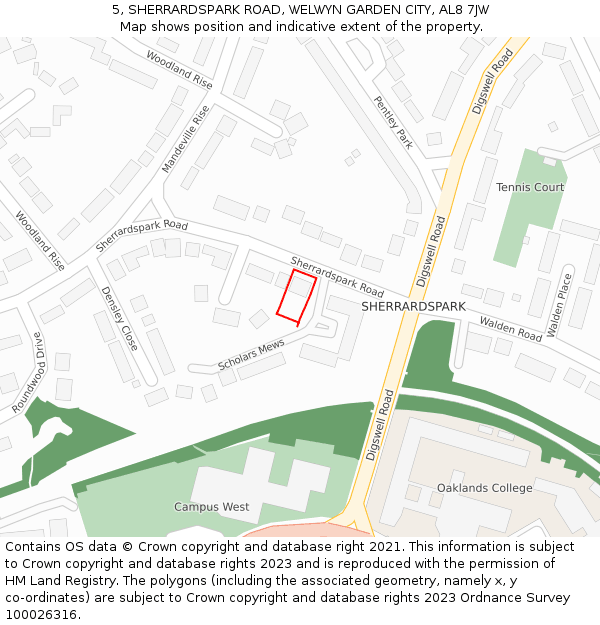 5, SHERRARDSPARK ROAD, WELWYN GARDEN CITY, AL8 7JW: Location map and indicative extent of plot