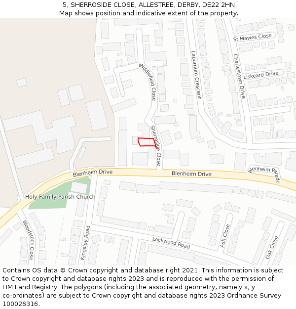 5, SHERROSIDE CLOSE, ALLESTREE, DERBY, DE22 2HN: Location map and indicative extent of plot