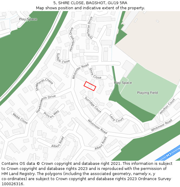 5, SHIRE CLOSE, BAGSHOT, GU19 5RA: Location map and indicative extent of plot