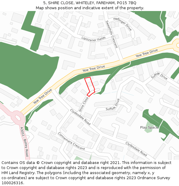 5, SHIRE CLOSE, WHITELEY, FAREHAM, PO15 7BQ: Location map and indicative extent of plot