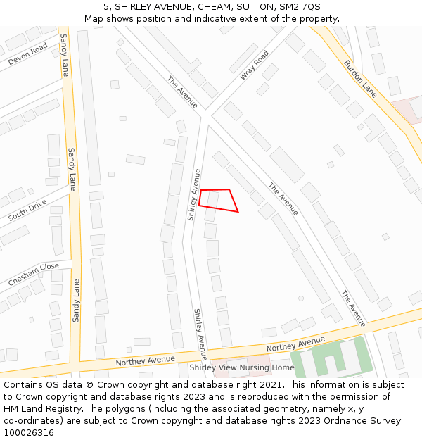 5, SHIRLEY AVENUE, CHEAM, SUTTON, SM2 7QS: Location map and indicative extent of plot