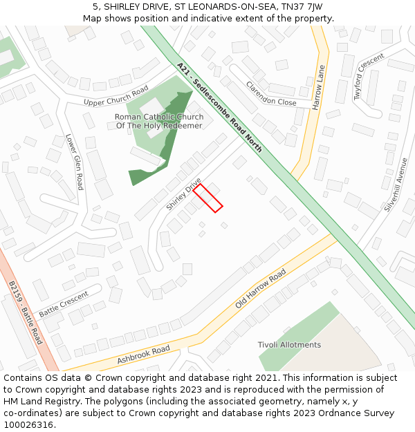 5, SHIRLEY DRIVE, ST LEONARDS-ON-SEA, TN37 7JW: Location map and indicative extent of plot