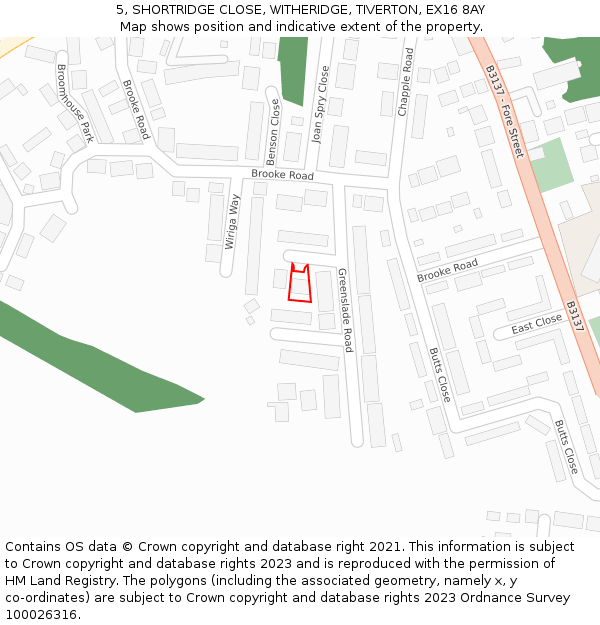 5, SHORTRIDGE CLOSE, WITHERIDGE, TIVERTON, EX16 8AY: Location map and indicative extent of plot