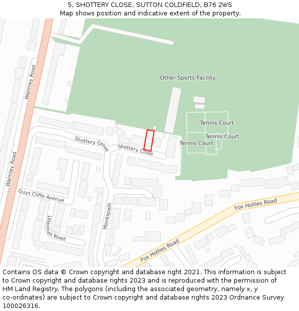 5, SHOTTERY CLOSE, SUTTON COLDFIELD, B76 2WS: Location map and indicative extent of plot