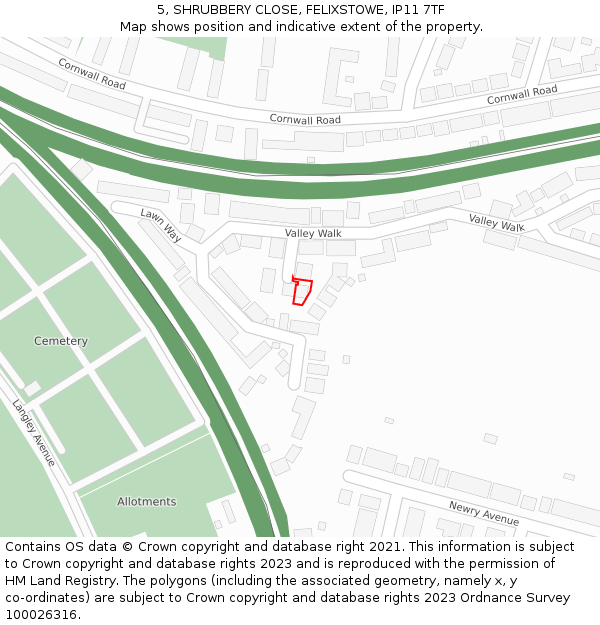 5, SHRUBBERY CLOSE, FELIXSTOWE, IP11 7TF: Location map and indicative extent of plot