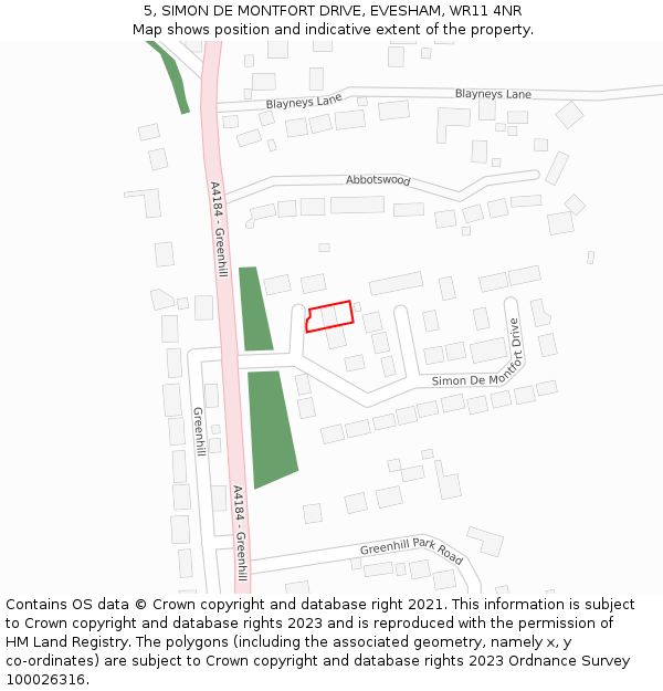5, SIMON DE MONTFORT DRIVE, EVESHAM, WR11 4NR: Location map and indicative extent of plot