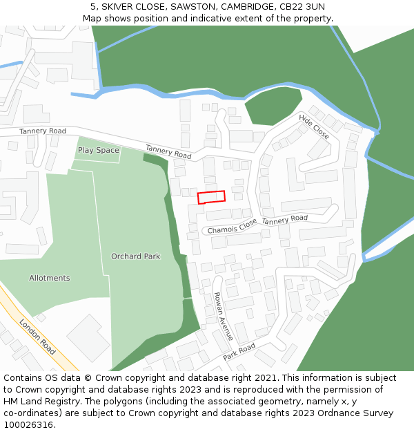 5, SKIVER CLOSE, SAWSTON, CAMBRIDGE, CB22 3UN: Location map and indicative extent of plot