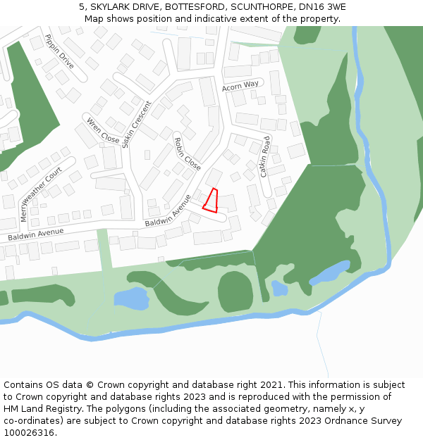 5, SKYLARK DRIVE, BOTTESFORD, SCUNTHORPE, DN16 3WE: Location map and indicative extent of plot