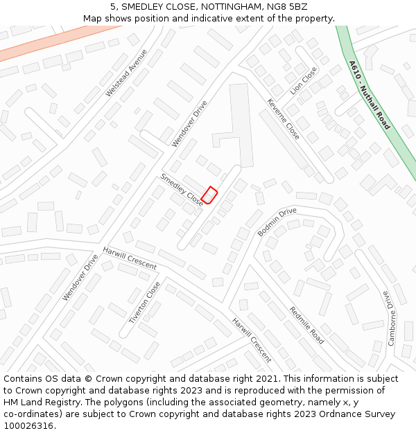 5, SMEDLEY CLOSE, NOTTINGHAM, NG8 5BZ: Location map and indicative extent of plot