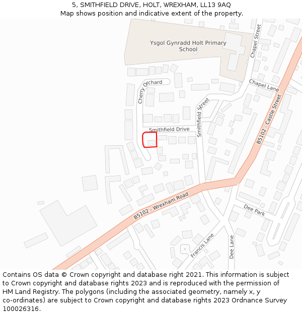 5, SMITHFIELD DRIVE, HOLT, WREXHAM, LL13 9AQ: Location map and indicative extent of plot