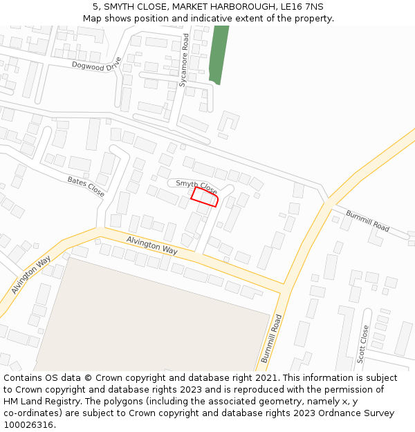 5, SMYTH CLOSE, MARKET HARBOROUGH, LE16 7NS: Location map and indicative extent of plot