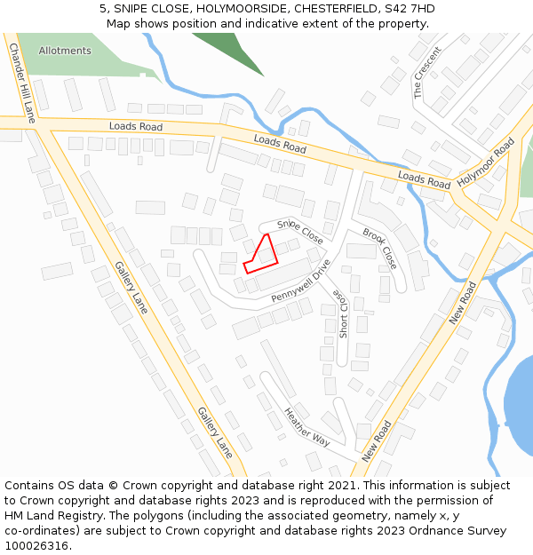 5, SNIPE CLOSE, HOLYMOORSIDE, CHESTERFIELD, S42 7HD: Location map and indicative extent of plot