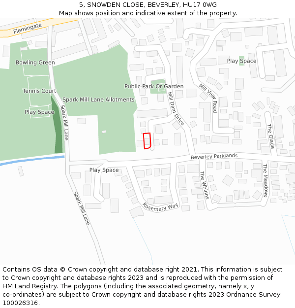 5, SNOWDEN CLOSE, BEVERLEY, HU17 0WG: Location map and indicative extent of plot