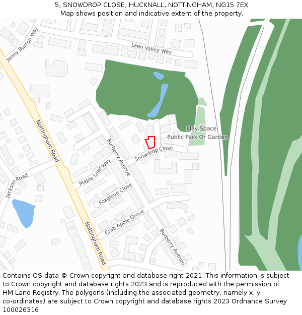 5, SNOWDROP CLOSE, HUCKNALL, NOTTINGHAM, NG15 7EX: Location map and indicative extent of plot