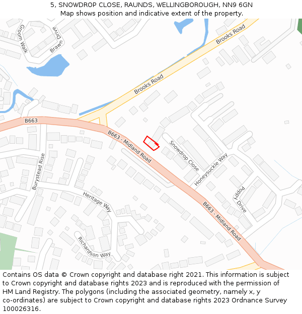 5, SNOWDROP CLOSE, RAUNDS, WELLINGBOROUGH, NN9 6GN: Location map and indicative extent of plot