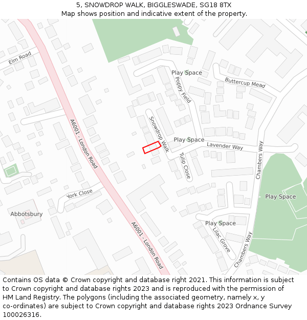 5, SNOWDROP WALK, BIGGLESWADE, SG18 8TX: Location map and indicative extent of plot
