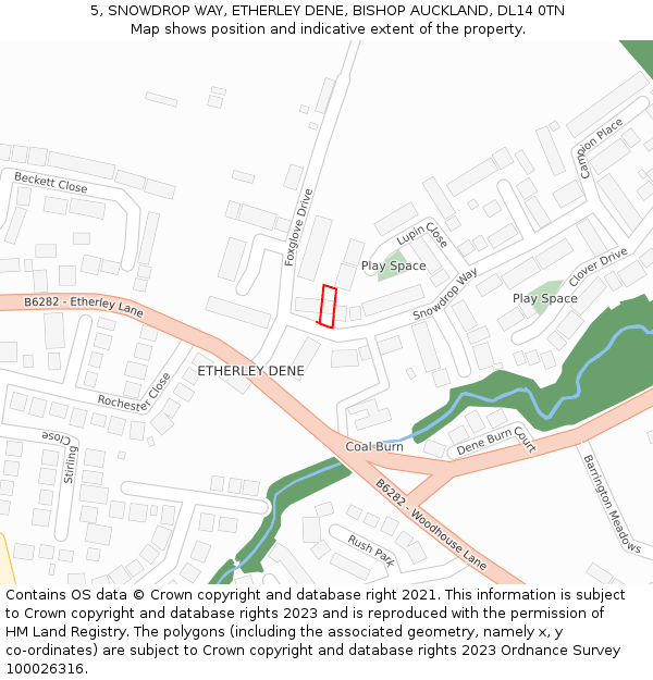 5, SNOWDROP WAY, ETHERLEY DENE, BISHOP AUCKLAND, DL14 0TN: Location map and indicative extent of plot