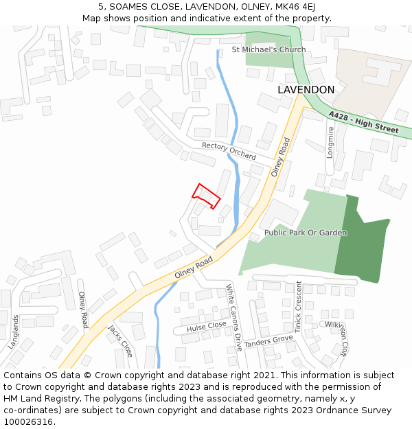 5, SOAMES CLOSE, LAVENDON, OLNEY, MK46 4EJ: Location map and indicative extent of plot