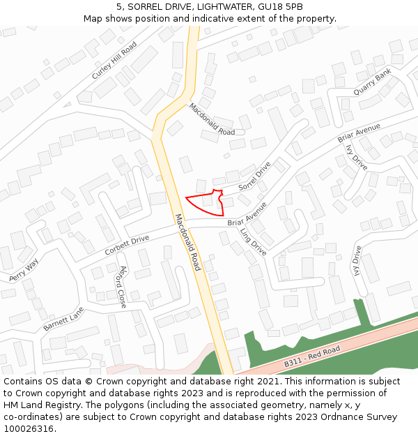 5, SORREL DRIVE, LIGHTWATER, GU18 5PB: Location map and indicative extent of plot