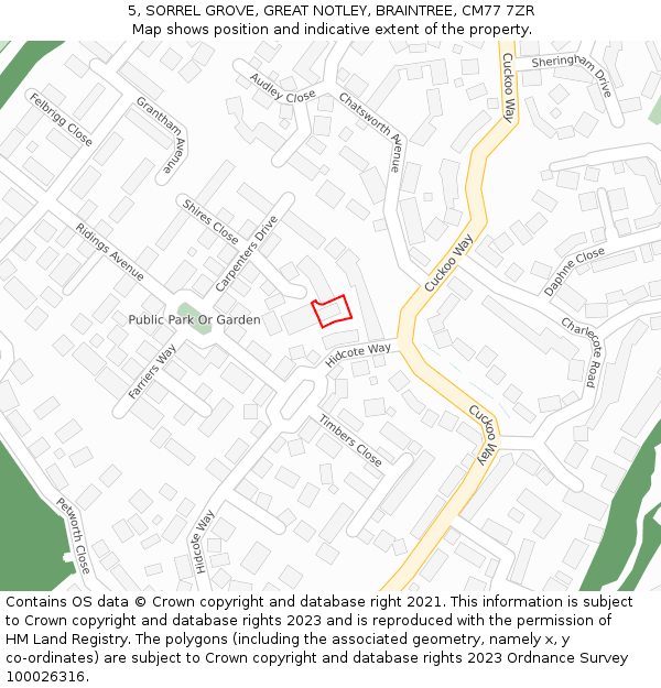 5, SORREL GROVE, GREAT NOTLEY, BRAINTREE, CM77 7ZR: Location map and indicative extent of plot