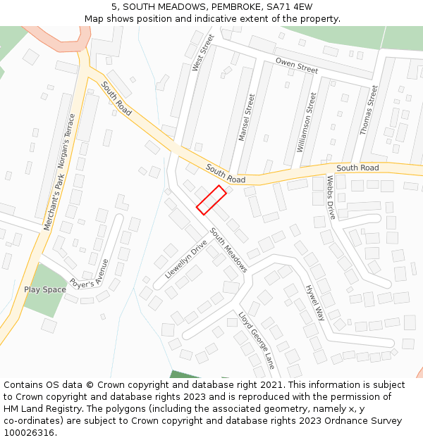 5, SOUTH MEADOWS, PEMBROKE, SA71 4EW: Location map and indicative extent of plot