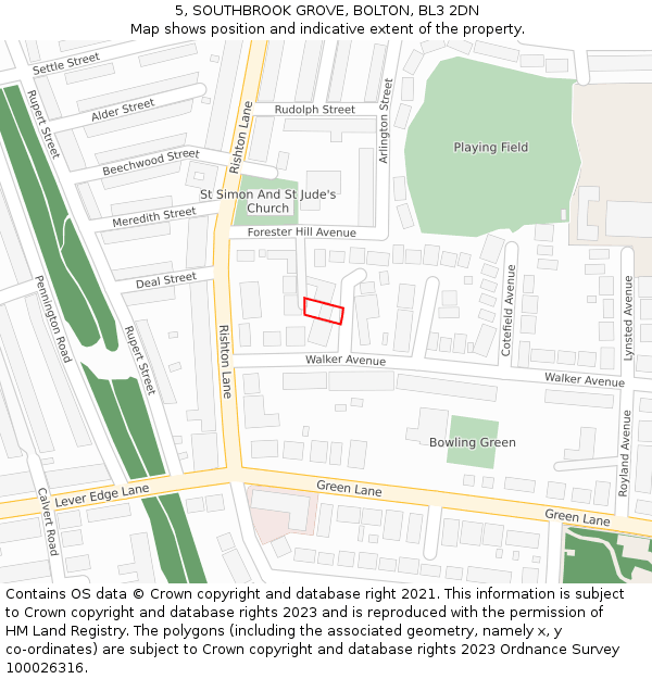 5, SOUTHBROOK GROVE, BOLTON, BL3 2DN: Location map and indicative extent of plot