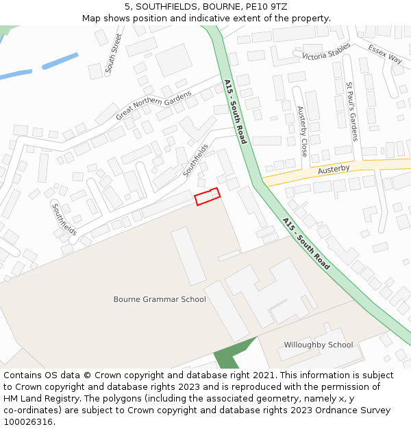 5, SOUTHFIELDS, BOURNE, PE10 9TZ: Location map and indicative extent of plot