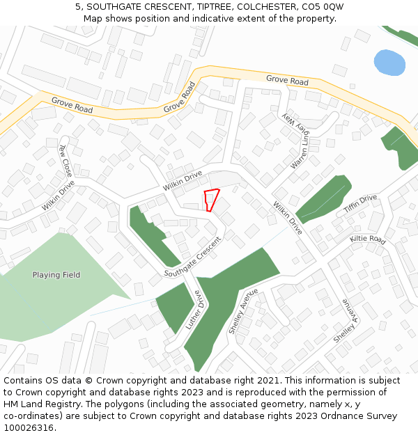 5, SOUTHGATE CRESCENT, TIPTREE, COLCHESTER, CO5 0QW: Location map and indicative extent of plot