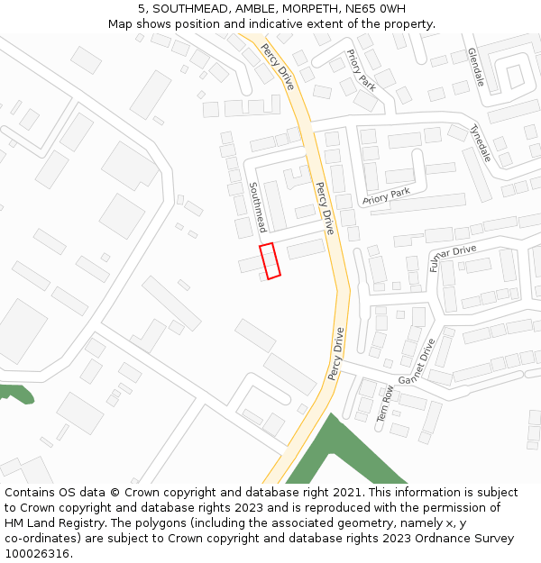 5, SOUTHMEAD, AMBLE, MORPETH, NE65 0WH: Location map and indicative extent of plot