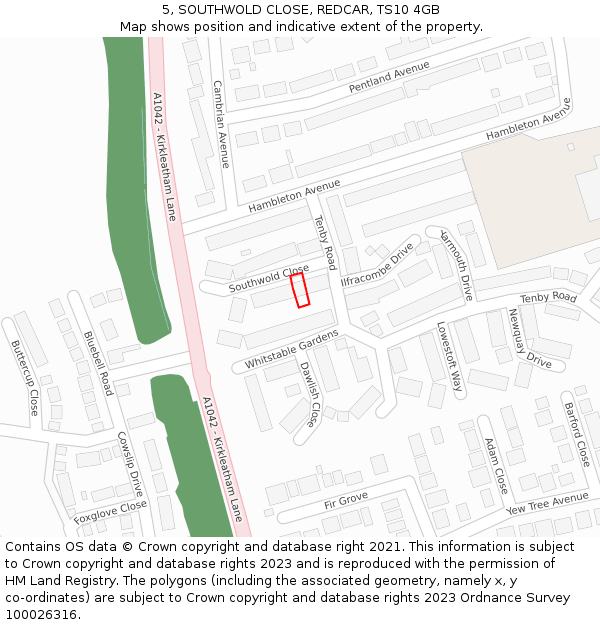 5, SOUTHWOLD CLOSE, REDCAR, TS10 4GB: Location map and indicative extent of plot