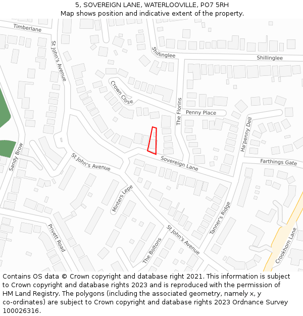 5, SOVEREIGN LANE, WATERLOOVILLE, PO7 5RH: Location map and indicative extent of plot