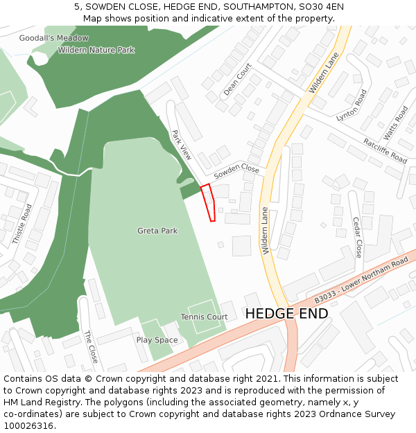 5, SOWDEN CLOSE, HEDGE END, SOUTHAMPTON, SO30 4EN: Location map and indicative extent of plot