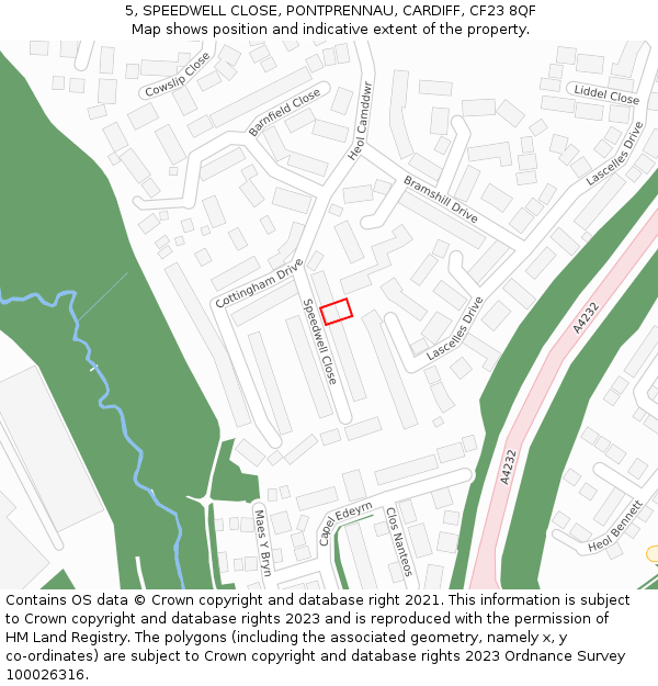 5, SPEEDWELL CLOSE, PONTPRENNAU, CARDIFF, CF23 8QF: Location map and indicative extent of plot