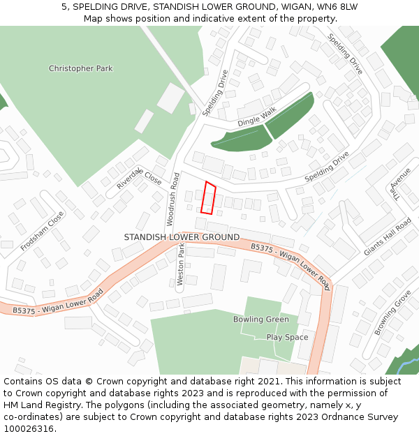 5, SPELDING DRIVE, STANDISH LOWER GROUND, WIGAN, WN6 8LW: Location map and indicative extent of plot