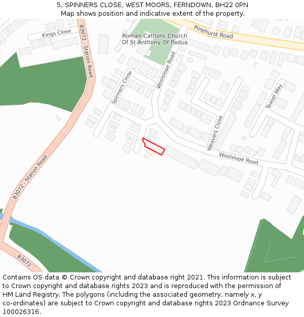 5, SPINNERS CLOSE, WEST MOORS, FERNDOWN, BH22 0PN: Location map and indicative extent of plot