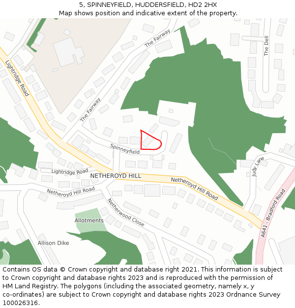 5, SPINNEYFIELD, HUDDERSFIELD, HD2 2HX: Location map and indicative extent of plot